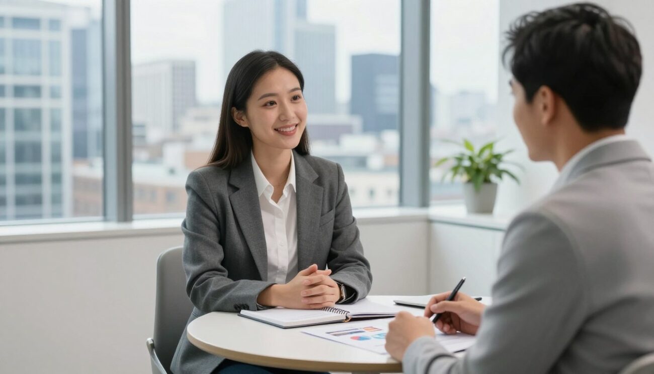 Career-coach-and-client-meeting-in-a-London-office-discussing-career-goals Career coach and client meeting in a London office discussing career goals